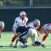試合経験の少ないQB#7吉岡をサポートできるかオフェンスラインメン G#77阿部・#52池田・C#59田中