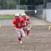 QB#9藤原をブロッカーに使いオープンフィールドを駆け上がる RB#27岡野