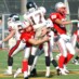 成蹊QBに激しいプレッシャーをかける LB#42中川